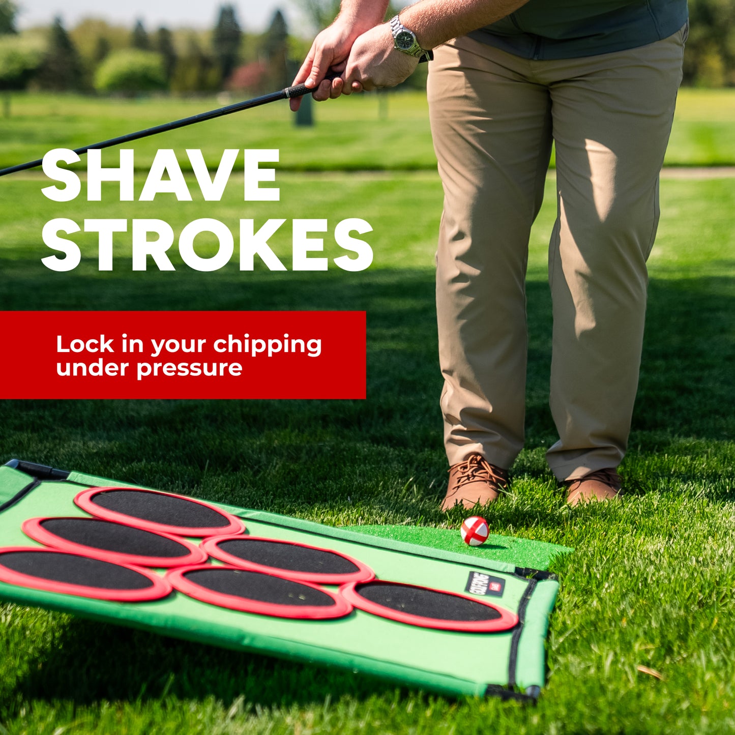 Golfer chipping a velcro ball onto the angled Golf Pong target mat on a golf course to sharpen short-game accuracy