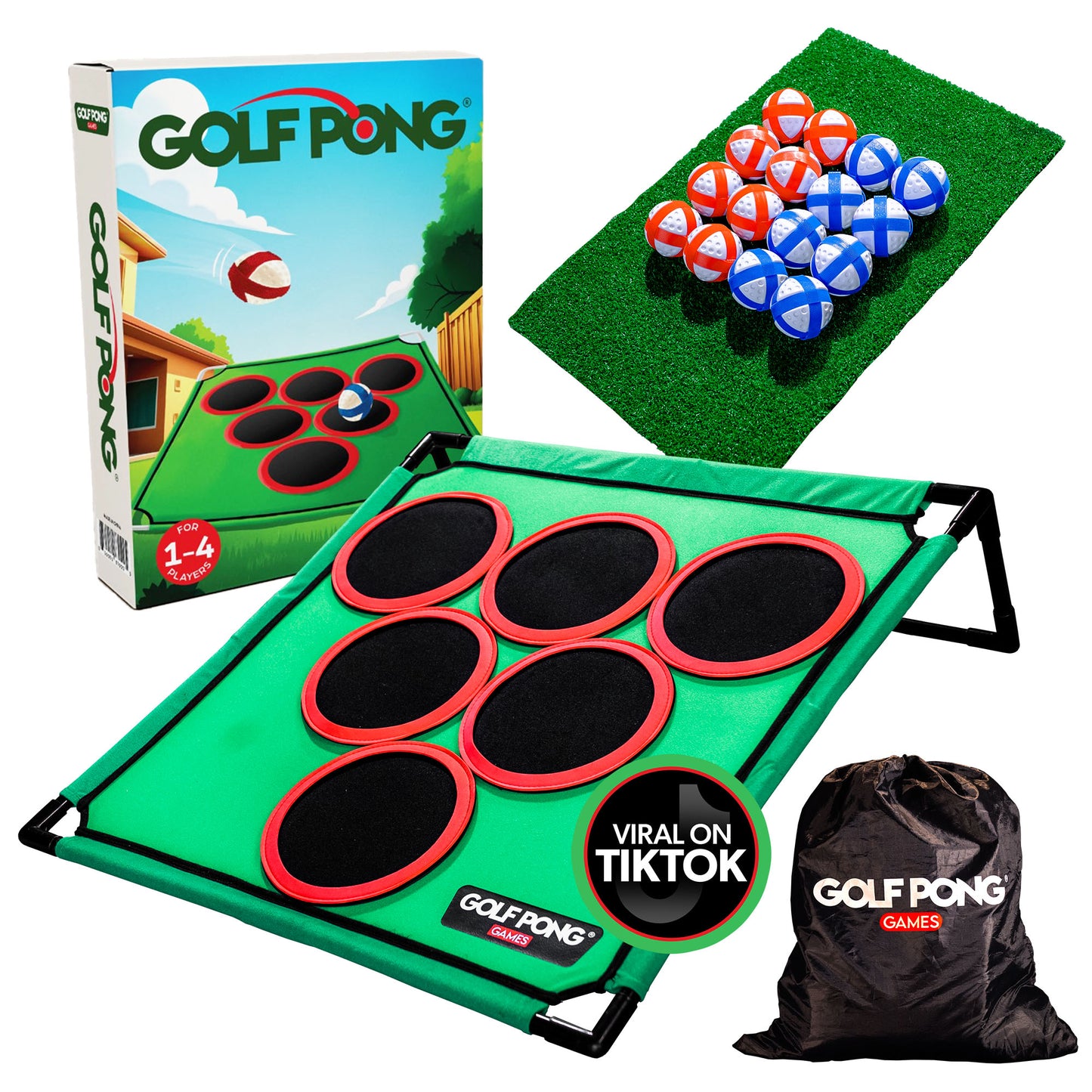 Golf Pong game with hitting mat, balls, gift box, and travel bag