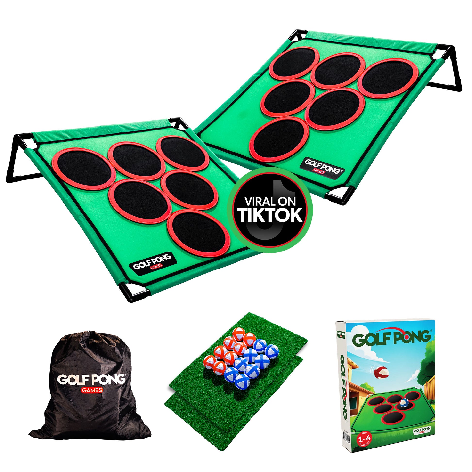 Golf Pong Versus 2-pack game set with green mats, balls, and carrying bag on a white background