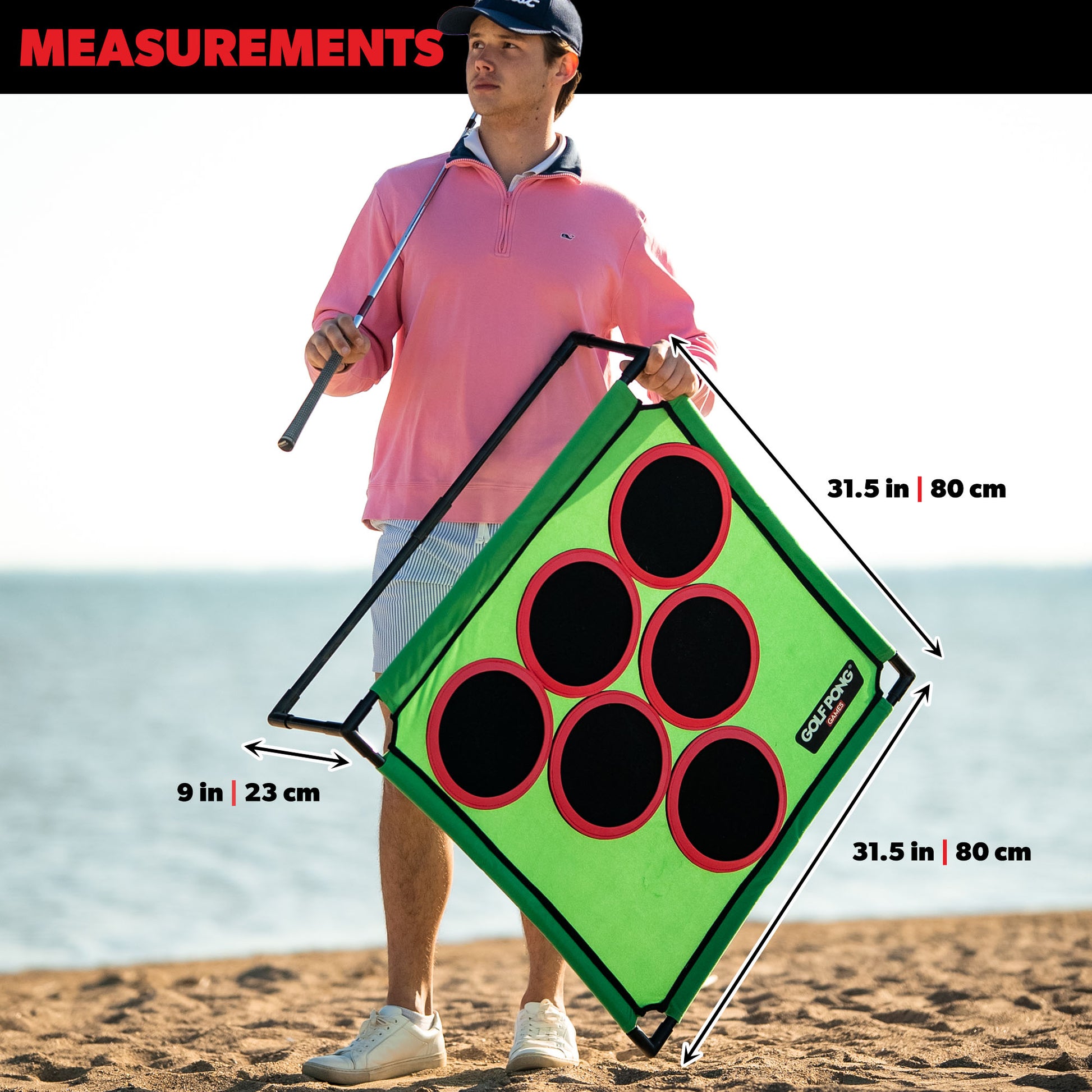 Golf Pong measurements showing the board size at 31.5 inches by 31.5 inches and 9 inches tall in the back