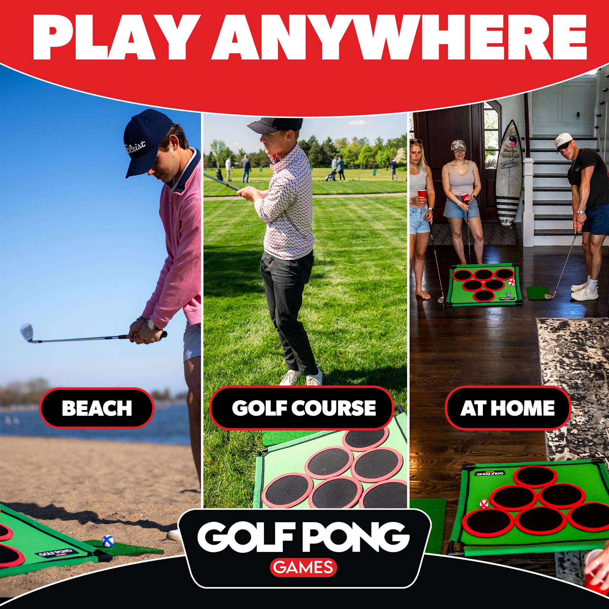 Golf Pong being played indoors and outdoors at the course, beach, and home