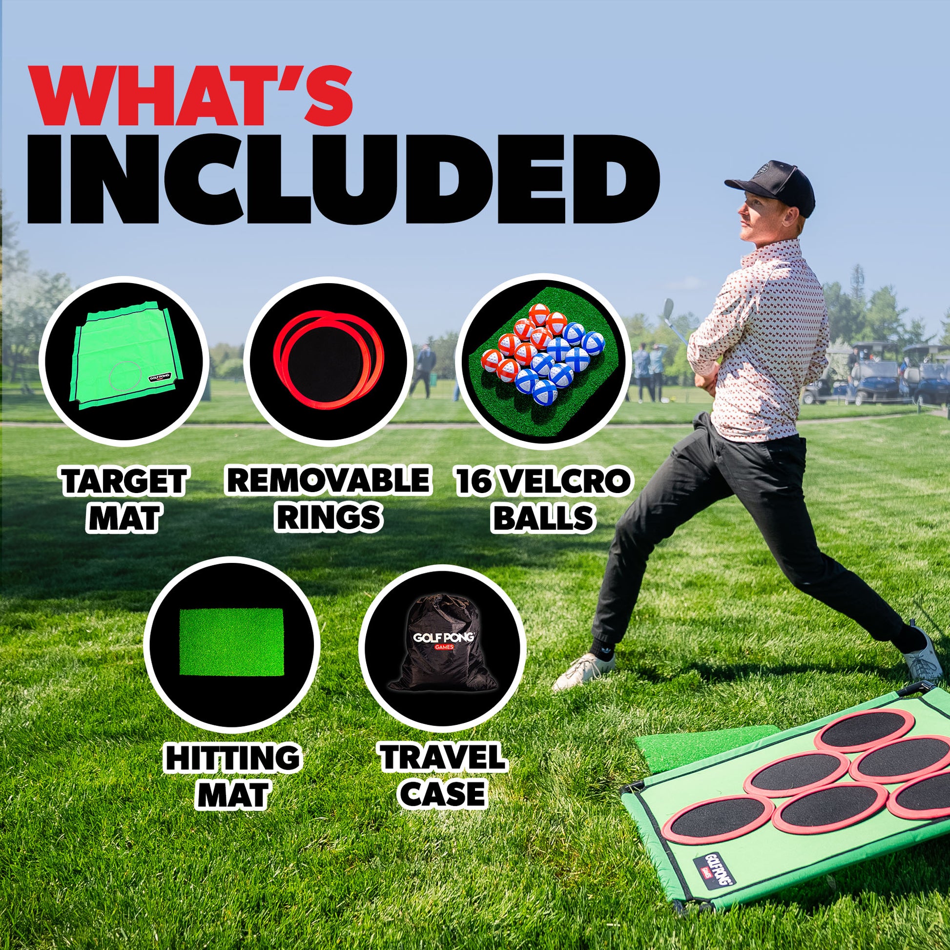 Golf training aid with components listed and a person using it on a golf course.