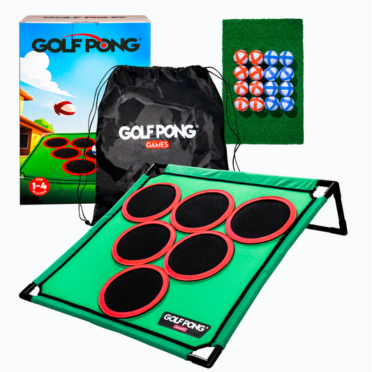 Beer pong golf setup with velcro target mat, scoring rings, turf hitting mat, red and blue velcro balls, and travel bag
