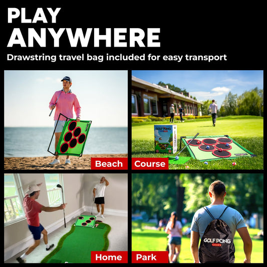 Golf Pong chipping game played at the beach, golf course, home putting green, and backyard, showing how portable the set is