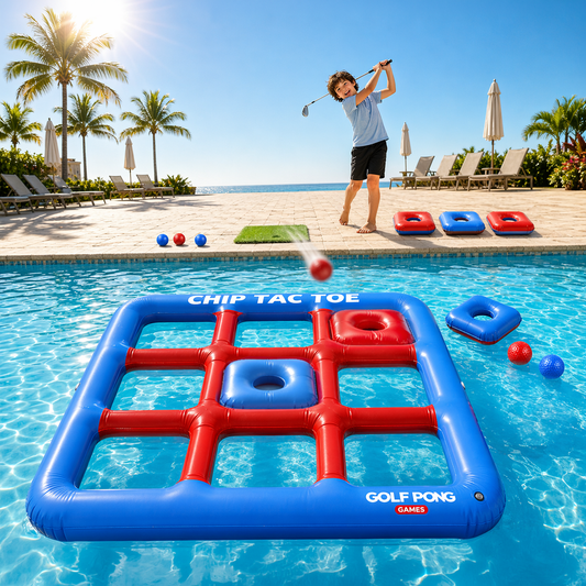 Golfer chipping foam balls toward a giant tic tac toe board floating in a backyard pool