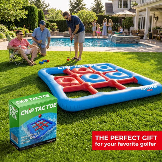 Family chipping foam balls into the Chip Tac Toe board on a poolside lawn, with the inflatable golf game's gift box