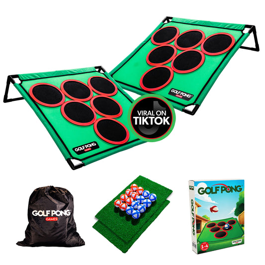 Golf Pong Versus 2-pack game set with green mats, balls, and carrying bag on a white background