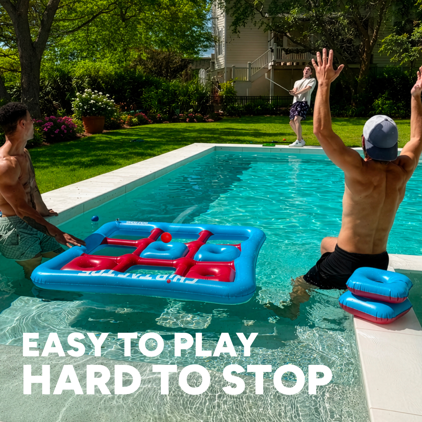 Two players in a pool tossing foam balls onto the Chip Tac Toe floating tic tac toe golf game board