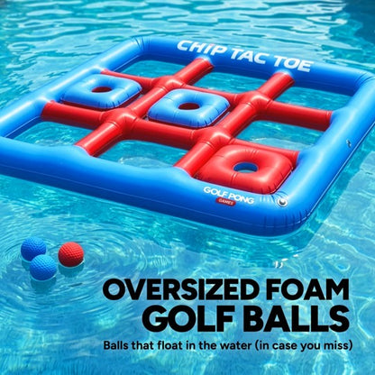 Red and blue oversized foam golf balls floating beside the Chip Tac Toe board in this floating pool chipping game