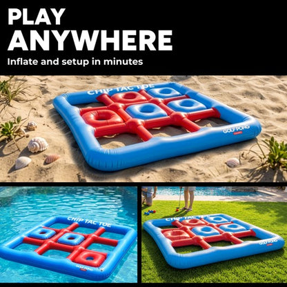 Chip Tac Toe inflatable tic tac toe board set up on beach sand, floating in a pool, and on backyard grass