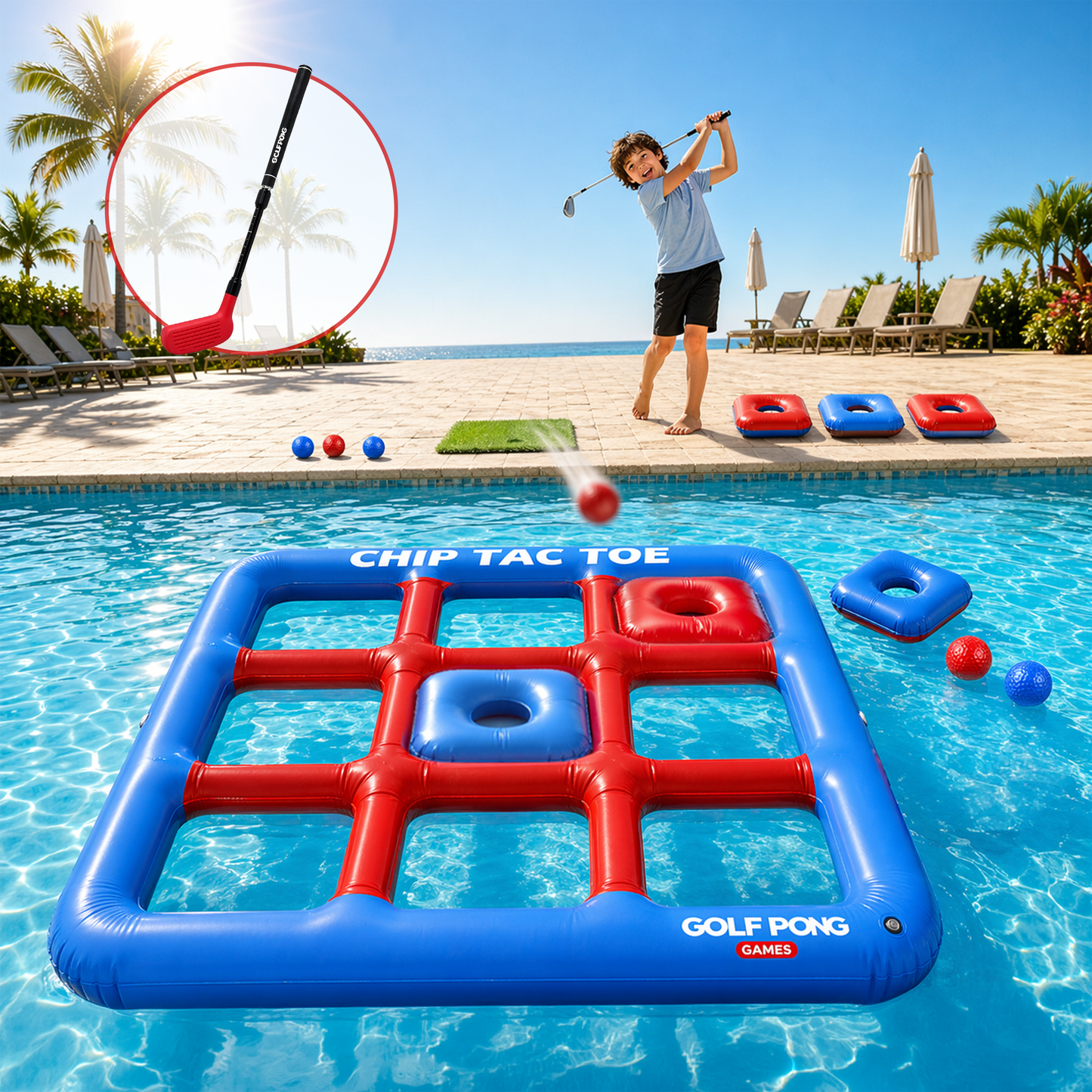 Chip Tac Toe inflatable tic tac toe golf game floating in a pool as a golfer chips foam balls, with club included