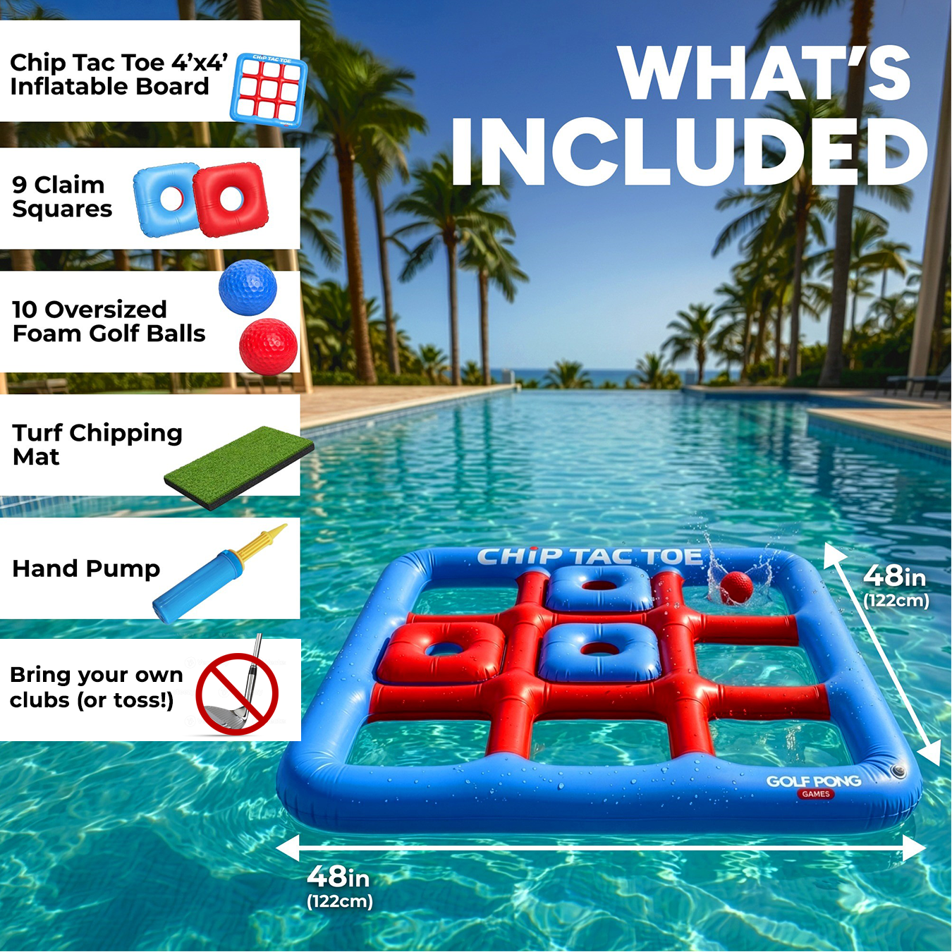 Chip Tac Toe contents: 4ft inflatable board, 9 claim squares, 10 foam golf balls, turf chipping mat, and hand pump