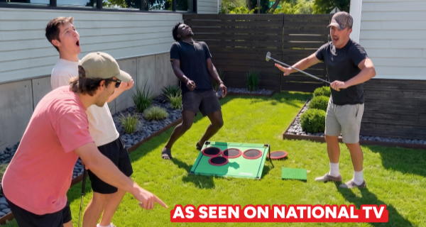 Four men playing golf pong in the backyard